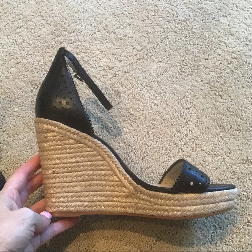 Botkier Jamie Perforated Black Leather‎ Espadrilles Platform Wedge Heels 10